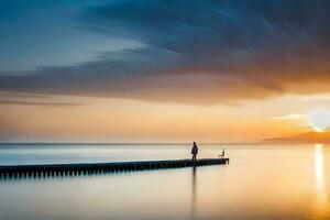 en man står på en pir på solnedgång. ai-genererad foto