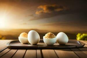 fyra ägg på en trä- bricka med en solnedgång i de bakgrund. ai-genererad foto