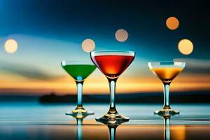 tre annorlunda färgad cocktails på en tabell. ai-genererad foto