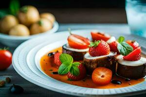 en tallrik med jordgubbar och ost på Det. ai-genererad foto
