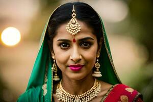 en skön indisk kvinna bär en grön sari och Smycken. ai-genererad foto