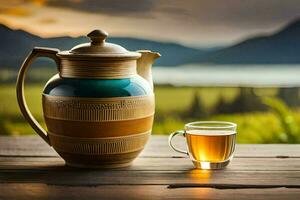 en kopp av te och en tekanna på en trä- tabell. ai-genererad foto
