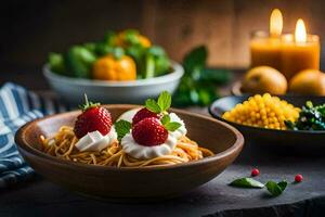 spaghetti med jordgubbar och grädde på en trä- tabell. ai-genererad foto