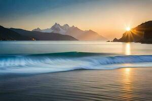 de Sol stiger över en berg räckvidd och vågor på de strand. ai-genererad foto