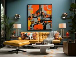 en retroinspirerad modern Hem interiör med en blanda av årgång samtida element och ljus orange accent vägg och mitten av århundradet modern möbel generativ ai foto