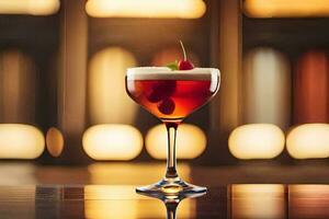 en cocktail med körsbär på topp sitter på en tabell. ai-genererad foto