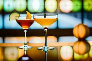 två cocktails sitta på en bar disken. ai-genererad foto