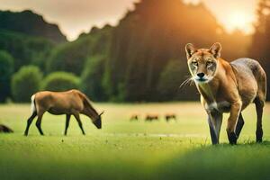 en lejon och en ko promenad i en fält. ai-genererad foto