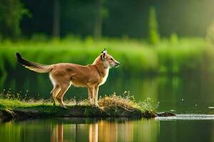 en hund stående på en sten förbi en sjö. ai-genererad foto