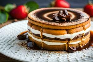 en stack av pannkakor med choklad och jordgubbar. ai-genererad foto