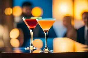 två cocktails sitta på en bar med människor i de bakgrund. ai-genererad foto
