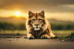 en lejon Sammanträde på de väg på solnedgång. ai-genererad foto