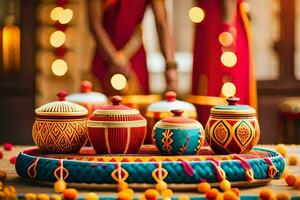 indisk bröllop dekorationer med färgrik kastruller och skålar. ai-genererad foto