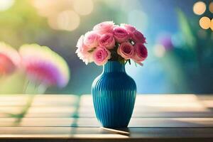 en blå vas med rosa ro Sammanträde på en tabell. ai-genererad foto