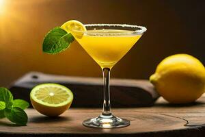 en cocktail med citron- och mynta på en trä- tabell. ai-genererad foto