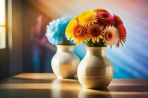 färgrik blommor i en vas på en tabell. ai-genererad foto