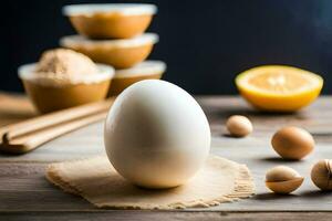 ett ägg sitter på en trä- tabell med Övrig Ingredienser. ai-genererad foto