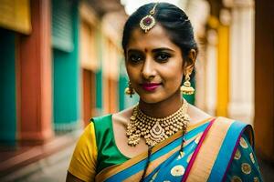 en kvinna bär en färgrik sari och Smycken. ai-genererad foto