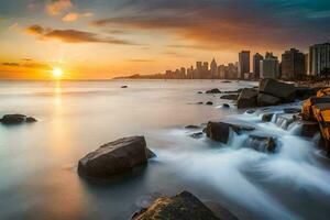 de Sol stiger över de stad horisont i panama stad. ai-genererad foto