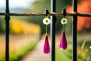 två blommor hängande från en staket. ai-genererad foto