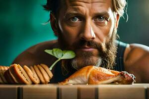 en man med en skägg och en skägg är ser på en tallrik av mat. ai-genererad foto