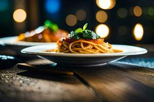 spaghetti och tomat sås på en tallrik. ai-genererad foto