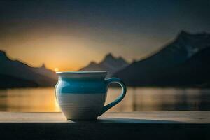 en kaffe kopp sitter på en tabell utsikt en sjö och berg. ai-genererad foto