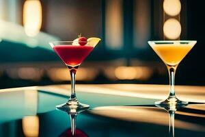 två cocktails sitta på en tabell i främre av en fönster. ai-genererad foto