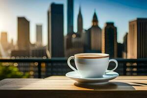 kaffe kopp på en tabell i främre av en stadsbild. ai-genererad foto