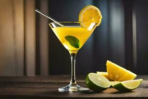 en cocktail med citron- och kalk på en trä- tabell. ai-genererad foto