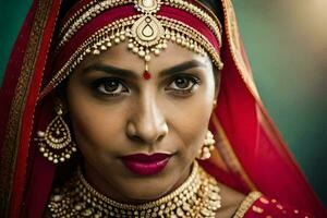 en skön indisk kvinna bär en röd och guld traditionell brud- utrusta. ai-genererad foto