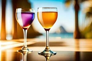 två glasögon av vin på en tabell med de Sol i de bakgrund. ai-genererad foto