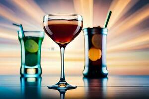tre glasögon av alkoholhaltig drycker på en tabell. ai-genererad foto