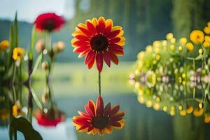 en röd blomma är reflekterad i de vatten. ai-genererad foto