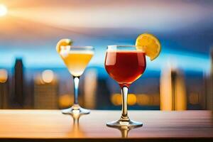 två glasögon av cocktails med en solnedgång i de bakgrund. ai-genererad foto