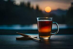 en glas av te på en tabell med en solnedgång i de bakgrund. ai-genererad foto