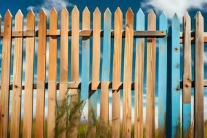 en trä- staket med blå och vit måla. ai-genererad foto