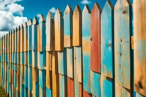 en färgrik trä- staket med blå himmel i de bakgrund. ai-genererad foto