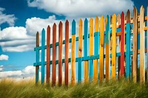 färgrik staket mot de blå himmel. ai-genererad foto