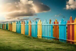 en färgrik trä- staket med en himmel bakgrund. ai-genererad foto