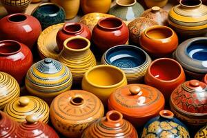 många färgrik krukmakeri vaser är visas i en rad. ai-genererad foto