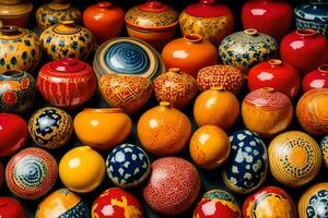 många färgrik keramisk vaser är anordnad tillsammans. ai-genererad foto