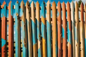 en färgrik staket med många annorlunda färgad bitar. ai-genererad foto