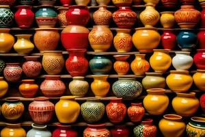 färgrik kastruller och vaser är visas på en hylla. ai-genererad foto