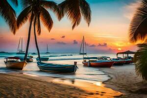 båtar på de strand på solnedgång. ai-genererad foto