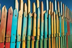 en färgrik staket med många annorlunda färgad trä- inlägg. ai-genererad foto