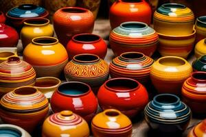 många färgrik vaser är anordnad tillsammans. ai-genererad foto