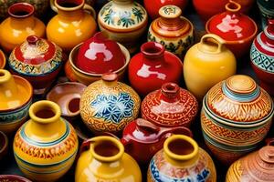 många färgrik krukmakeri vaser är anordnad tillsammans. ai-genererad foto