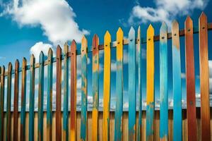 en staket med färgrik trä- inlägg mot en blå himmel. ai-genererad foto