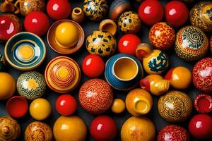 färgrik keramisk kastruller och vaser. ai-genererad foto